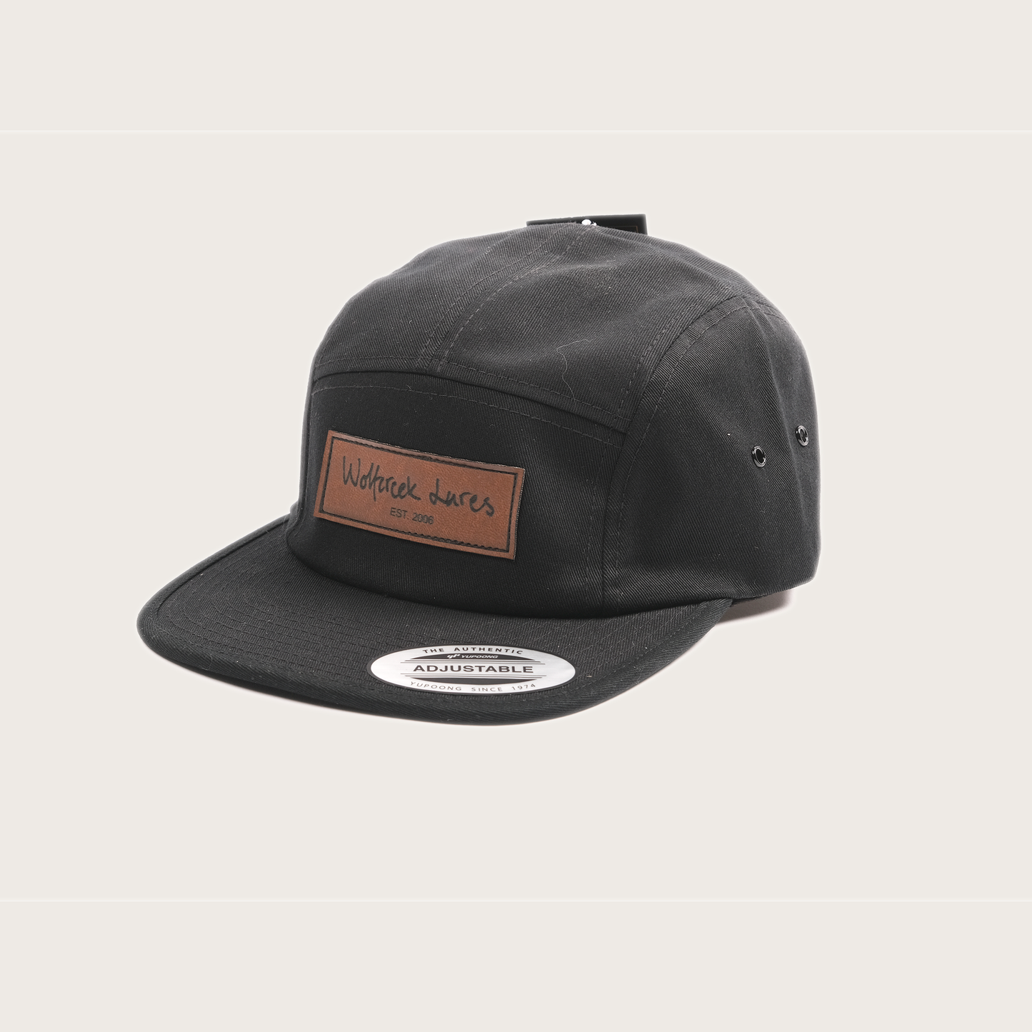 Leather Patch Five Panel Cap - Black